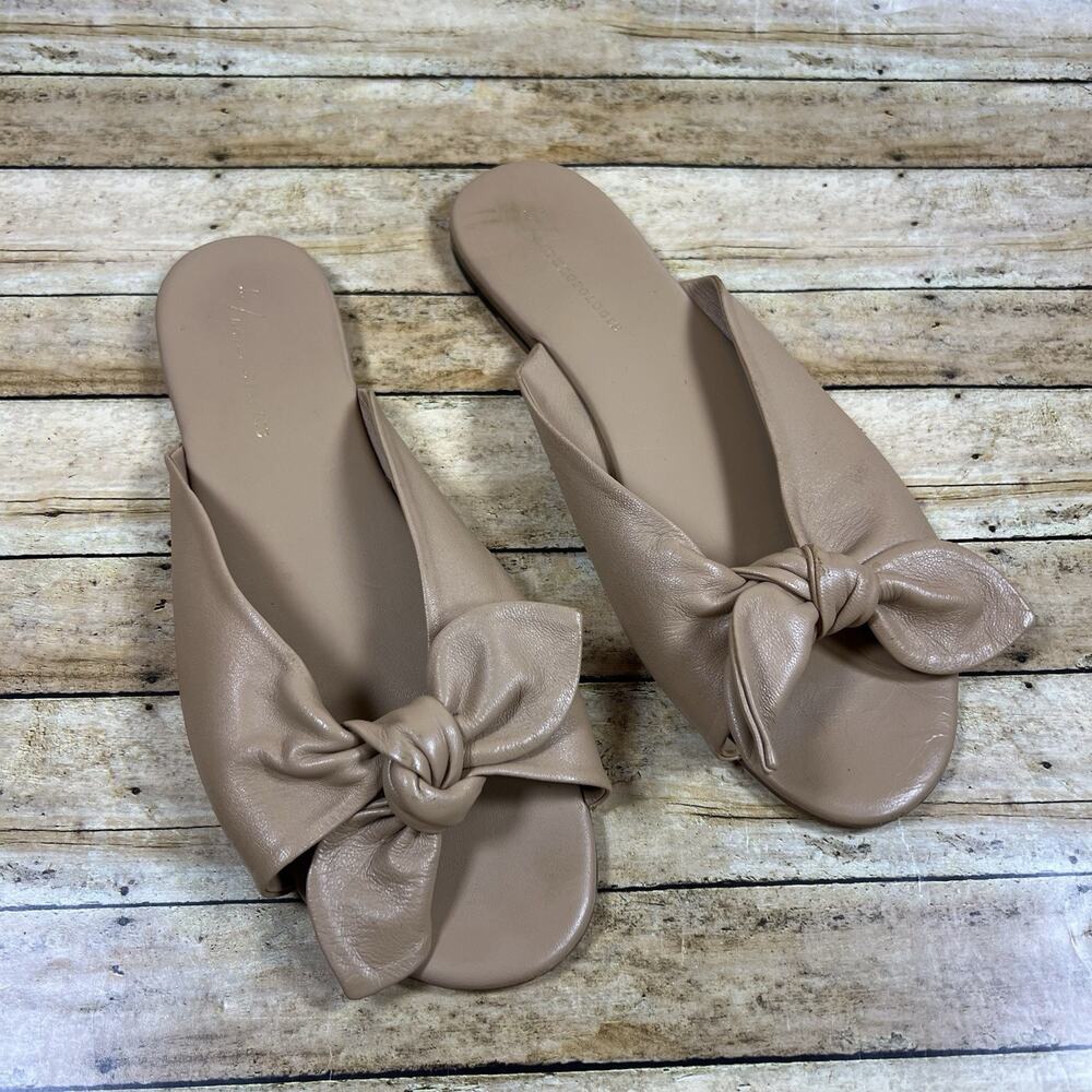 Anthropologie Knotted Bow Leather Slide Sandals Tan Mules Size 39/ 8